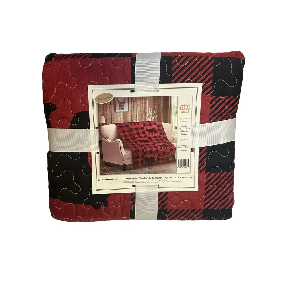Virah Bella Buffalo Bear Plaid Quilted Throw Blanket Red Black 50x60 NWT‎